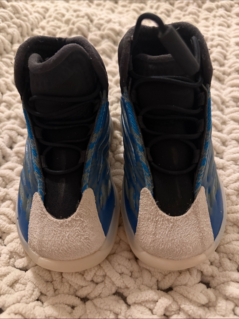 Yeezy Kids Blue and Black High-Top Sneakers with Cream Suede Accents